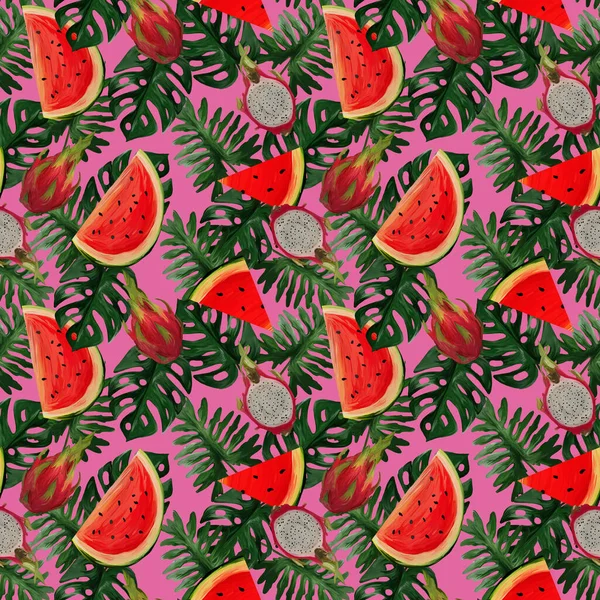 Modernt Sömlöst Mönster Med Drakfrukt Vattenmelon Tropiska Blad Rosa Bakgrund — Stockfoto