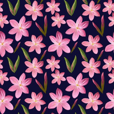 Çiçeklerden yapılmış çiçek desensiz, koyu mavi arka planda pembe çiçek tomurcukları olan akrilik bir tablo. Kumaş ve tekstil, ambalaj, duvar kağıdı için botanik illüstrasyon..