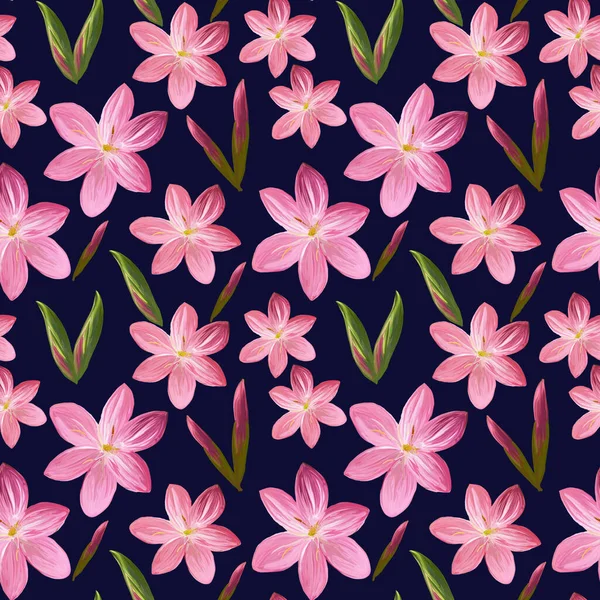 花で作られた花のシームレスなパターン深い青の背景にピンクの花芽を持つアクリル絵具 ファブリックとテキスタイル パッケージ 壁紙の植物図 — ストック写真