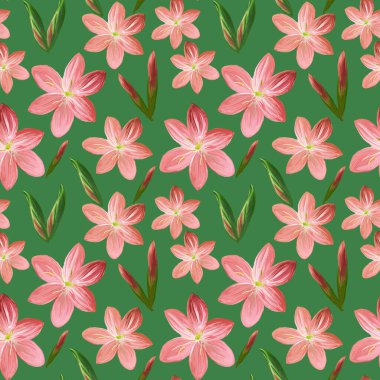 Çiçeklerden oluşan çiçek desensiz yeşil arka planda pembe çiçek tomurcukları olan akrilik tablo. Kumaş ve tekstil, ambalaj, duvar kağıdı için botanik illüstrasyon