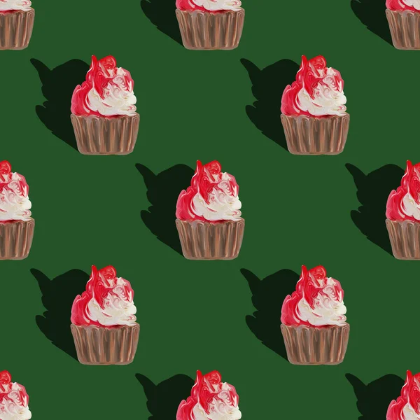 Zökkenőmentes minta nagy cupcakes sziluettek, muffin édes fehér torta és piros tetején festett gouache zöld.Textúra édességekkel asztali tapéta vagy kulináris blog honlapján. gyorsétel-koncepció — Stock Fotó