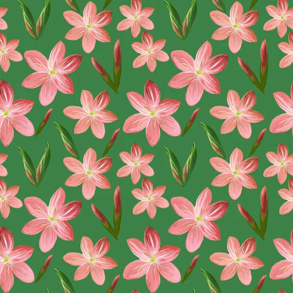 꽃무늬없는 꽃무늬는 녹색 배경에 핑크 꽃봉오리가 있는아 킬릭 회화로 만들어 진다. 섬유와 직물에 대한 식물학적 삽화, 포장, 벽지 — 스톡 사진