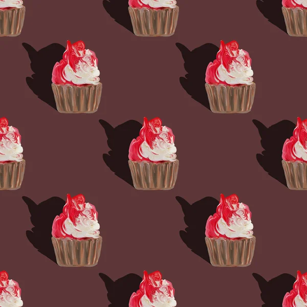 Varrat nélküli minta nagy muffinok sziluettek, muffin édes fehér torta és piros festett gouache a barna. Textúra édességek asztali tapéta vagy kulináris blog honlapján. gyorsétel-koncepció — Stock Fotó
