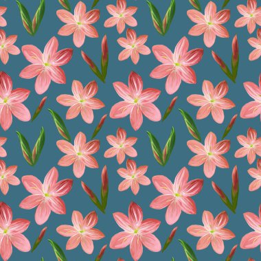 Çiçeklerden yapılmış çiçek desenli akrolik resim turkuaz arka planda pembe çiçek tomurcukları. Kumaş ve tekstil, ambalaj, duvar kağıdı için botanik illüstrasyon,.