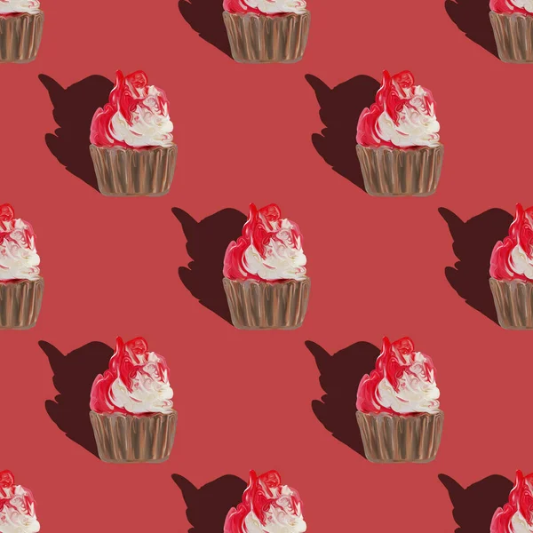 Zökkenőmentes Minta Muffinok Sziluettek Muffin Édes Fehér Torta Piros Tetején — Stock Fotó
