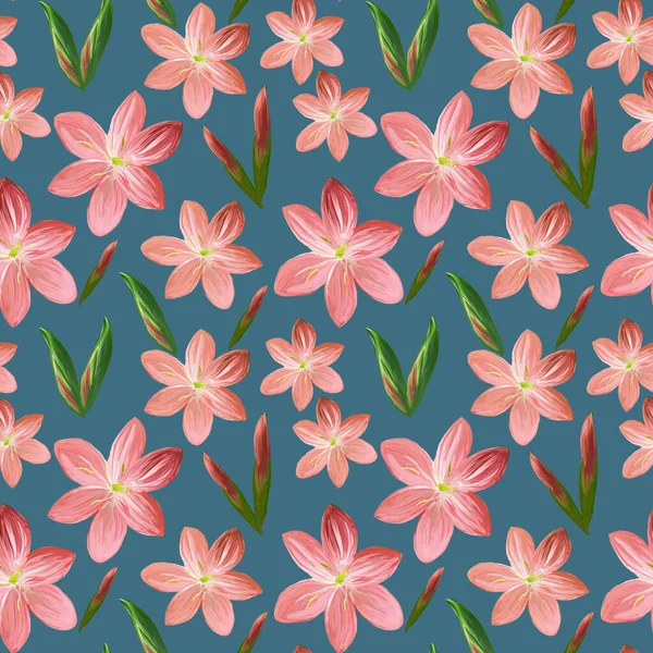 바탕에 분홍색 꽃봉오리가 있는아 그림으로 꽃무늬없는 꽃무늬 섬유와 직물에 식물학적 — 스톡 사진