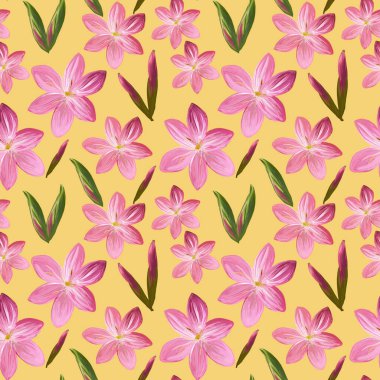 Çiçeklerden yapılmış çiçek desensiz. Sarı arka planda pembe çiçek tomurcukları olan akrilik tablo. Kumaş ve tekstil, ambalaj, duvar kağıdı için botanik illüstrasyon..