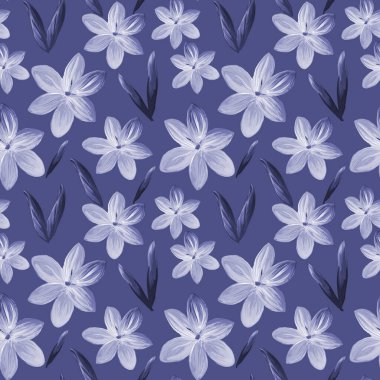 Tek renkli mavi çiçek deseni. Çiçeklerden yapılmış. Acrilik, pembe çiçek tomurcuklarıyla yapılmış. Kumaş ve tekstil, ambalaj, duvar kağıdı için botanik illüstrasyon