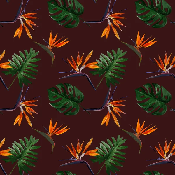 无缝隙的热带花纹 叶柄在勃艮第的背景上 无缝图案 色彩艳丽的叶色 丝状花冠 雌雄同体 奇异的壁纸 夏威夷风格 — 图库照片