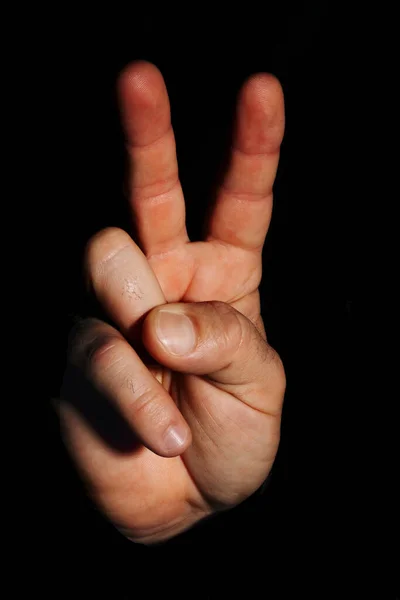 Een Menselijke Hand Maakt Overwinning Teken Overwinning Vrede Gebaar Betekent — Stockfoto