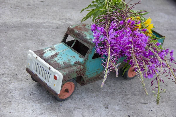 Leksaks metall maskin med spår av korrosion. Rost på maskinens körtel. Blommor av mjölkört med bil. — Stockfoto