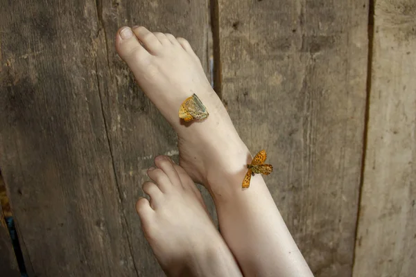 Schöne Beine nach oben. Schmetterlinge sitzen auf ihren Füßen. Leichtigkeit der Beine. — Stockfoto