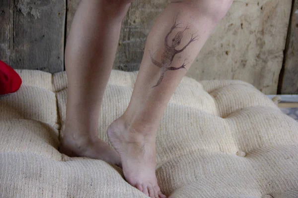 Lagarto é pintado nas pernas. Veias varicosas nas pernas femininas . — Fotografia de Stock