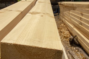 bir kereste fabrikasında işlenmiş panoları. Bir ahşap işleme tesisinde pürüzsüz, açık, cilalı panoları.