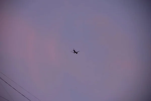 Plane flies in the morning sky at low altitude — Stock Photo, Image