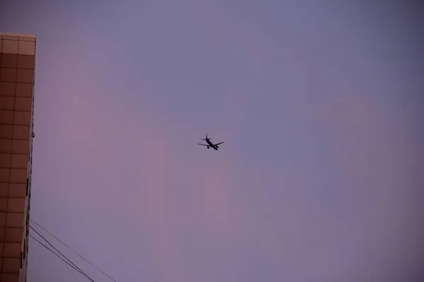 Plane flies in the morning sky at low altitude — Stock Photo, Image