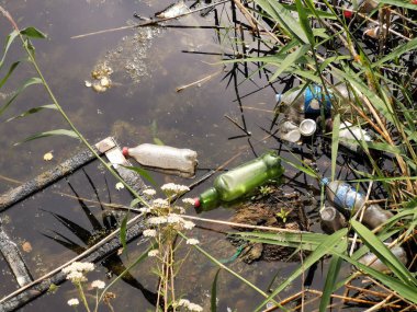 Nehirde ve kıyıda yüzen enkaz. Ekolojik sorun, çevre kirliliği