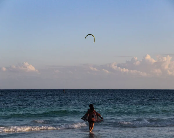 Woman Walking Caribbean Beach Tulum Mexico — 스톡 사진