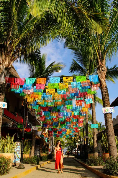 Meksika'da Sayulita sokakta palmiye ağaçları ile renkli bayraklar