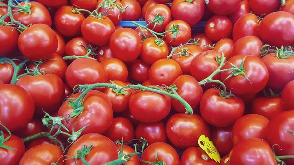 Pequeno Vermelho Fresco Tomate Maduro Fundo Mercado Frutas Stand — Fotografia de Stock