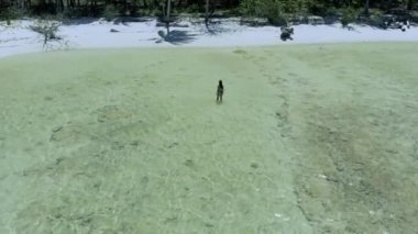 Candaraman adasında beyaz kumlu plaj ortasında kadın üzerinde yükselen drone