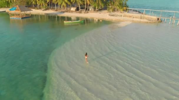 Luchtfoto Van Vrouw Die Langs Witte Zandbar Wordt Omringd Door — Stockvideo