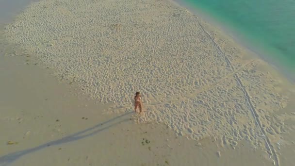 Vrouw Wandelen Turquoise Water Tropisch Wit Zandstrand Mansalangan Sandbar Balabac — Stockvideo