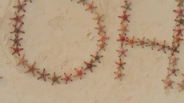 barre de sable tropicale aérienne Aloha écrit à partir d'étoiles de mer sur barre de sable candaraman. drone tournant autour pour Voyage couple marche sur le banc de sable au coucher du soleil à Balabac, Palawan, Philippines 