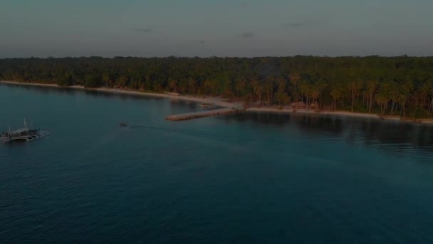 バラバク フィリピンの夕日にヤシの木のジャングルと熱帯の楽園カンダラマン島に近づく空中ドローン — ストック動画