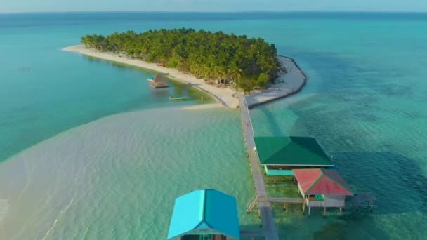 白いビーチ ヤシの木 サンゴ礁の上から見える無限のターコイズブルーの水と熱帯の島 オノック島バラバクパラワンフィリピンの島旅行休暇コンセプト付近の環礁 — ストック動画