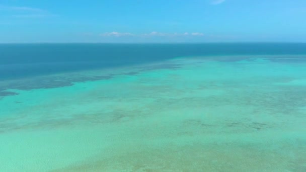 白いビーチ ヤシの木 サンゴ礁の上から見える無限のターコイズブルーの水と熱帯の島 オノック島バラバクパラワンフィリピンの島旅行休暇コンセプト付近の環礁 — ストック動画