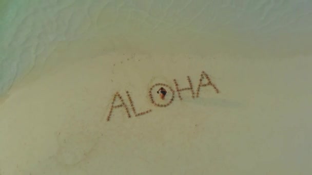 Vue aérienne du banc de sable blanc, aloha écrit par des étoiles de mer dans le banc de sable candaraman à Palawan, Philippines — Video