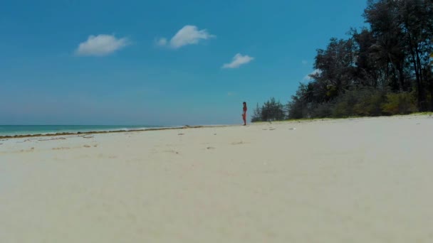Жінка ходьба нескінченний білий піщаний пляж в Пунта Sebaring на острові Буцук зверху. — стокове відео