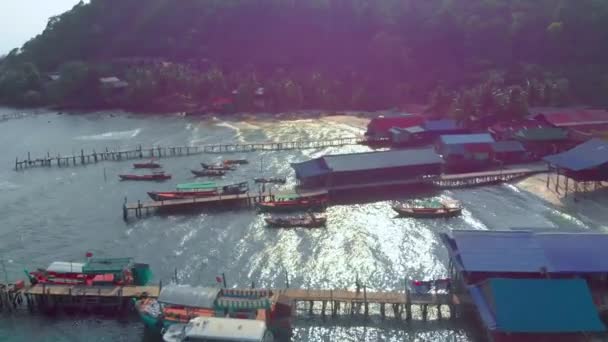 Aerial View Traditional Khmer Small Fishing Village Boats Beach Sok — Stock Video