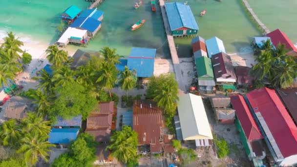 Aerial View Traditional Khmer Small Fishing Village Boats Beach Sok — Stock video