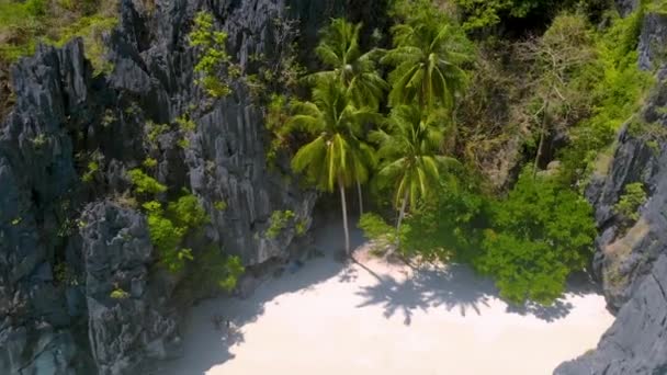 Nido Island Flygbilder Hemliga Stranden Med Palmer Och Turistbåt Nido — Stockvideo