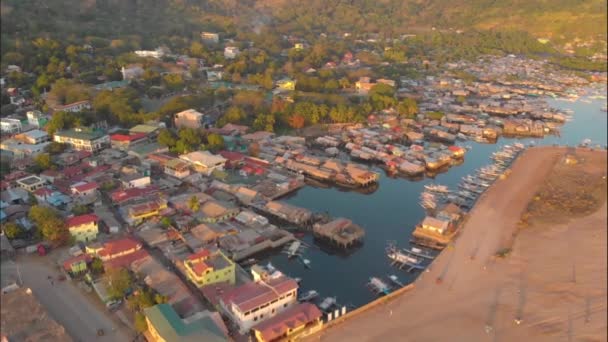Aerial View Coron Town Cityscape Sea Port Tourist Boats Waiting — Stockvideo