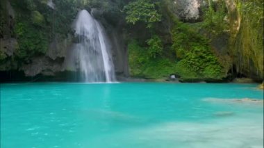 Cebu Adası, Filipinler 'deki Kawasan Şelalesi. Tropikal yağmur ormanlarında güzel bir şelale. Doğal yüzme havuzu ve dağ nehri kanyonunda bambu salı olan bir şelale..