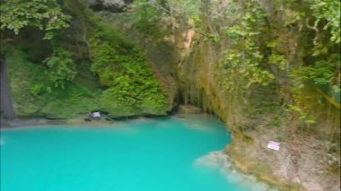 Cebu Adası, Filipinler 'deki Kawasan Şelalesi. Tropikal yağmur ormanlarında güzel bir şelale. Doğal yüzme havuzu ve dağ nehri kanyonunda bambu salı olan bir şelale..