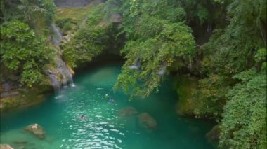 Filipinler 'deki Cebu Adası' ndaki Kawasan Şelalesi üzerinde tropikal yeşil habitatı olan hava şelalesi manzarası.