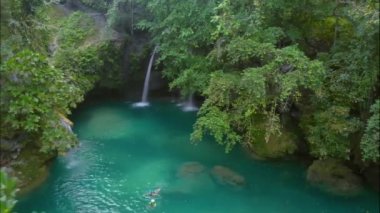 Filipinler 'deki Cebu Adası' ndaki Kawasan Şelalesi üzerinde tropikal yeşil habitatı olan hava şelalesi manzarası.