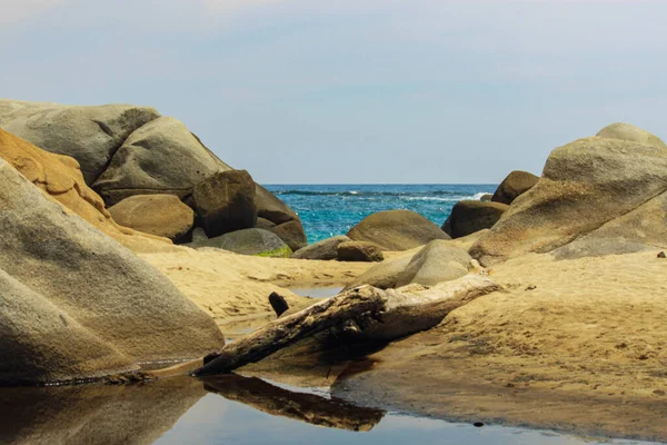 Mer Des Caraïbes Avec Plage Sable Blanc Entourée Par Forêt Photo De Stock