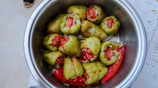 Nahaufnahme Der Traditionellen Türkischen Küche Gefüllte Paprika Biber Dolmasi Einer — Stockfoto