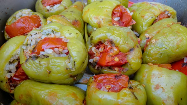 Vue Rapprochée Cuisine Turque Traditionnelle Poivrons Farcis Biber Dolmasi Dans — Photo