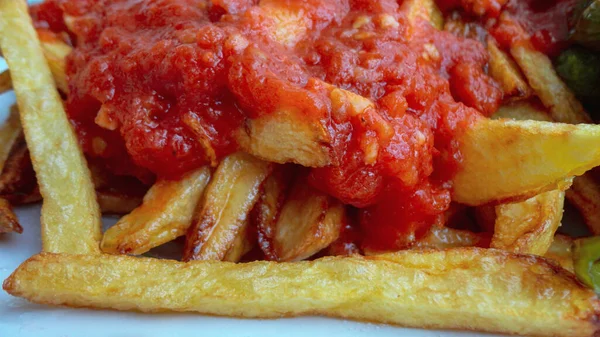 French Fries Covered Hot Organic Tomato Sauce Closeup White Plate — Stock Photo, Image