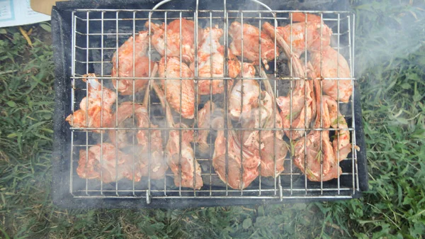 Asas Frango Churrasqueira Com Fogo Perto Carne Frango Grelha — Fotografia de Stock