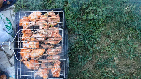 Beef Cooked Outdoor Coal Barbecue Barbecue Metal Grill Hot Coals — Stock Photo, Image