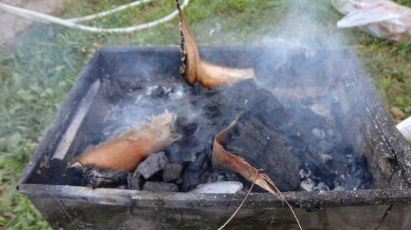 Gorący Węgiel Drzewny Kocioł Gotowy Gotowania Mięsa Świeżym Powietrzu — Zdjęcie stockowe