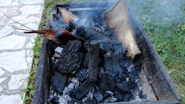 Braseiro Carvão Quente Pronto Para Cozinhar Carne Livre — Fotografia de Stock