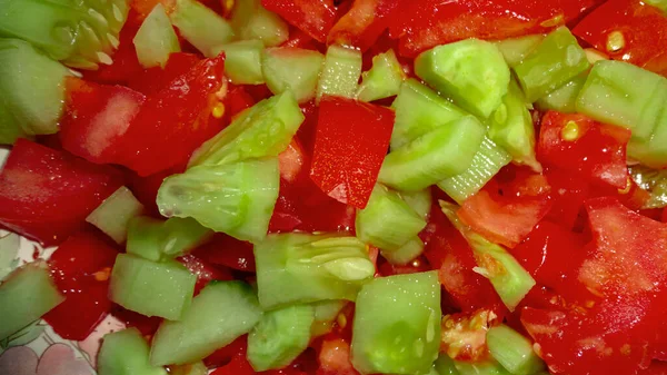 Pepino Orgânico Salada Tomate Prontos Para Comer — Fotografia de Stock